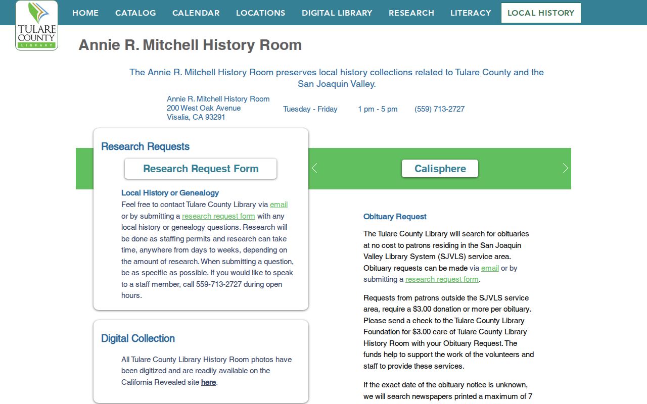 Tulare people directories screenshot of the county library history room