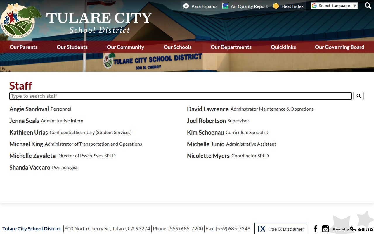 Tulare people directories screenshot of the city school staff search