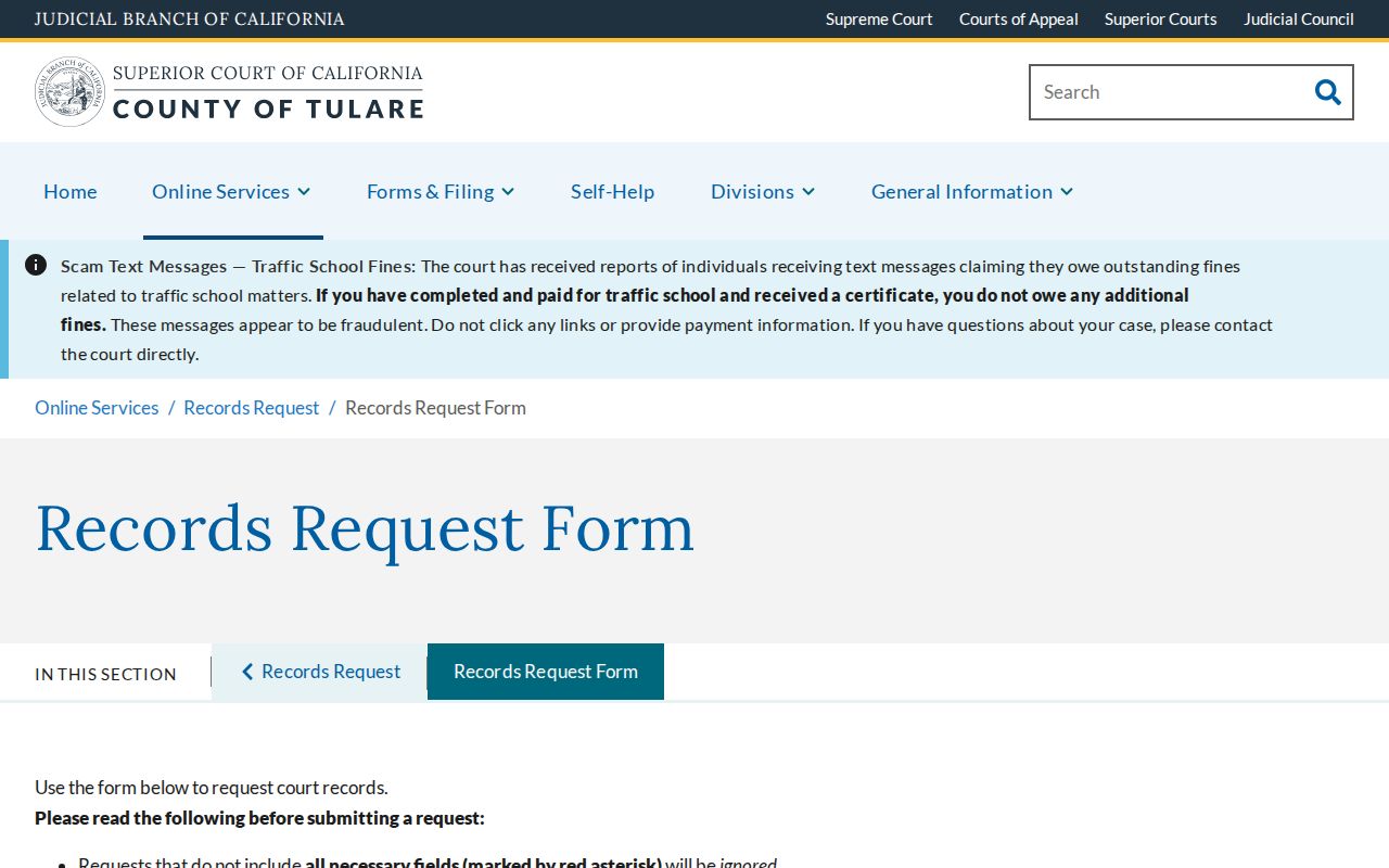 Tulare public records court request form fields and confidentiality warning