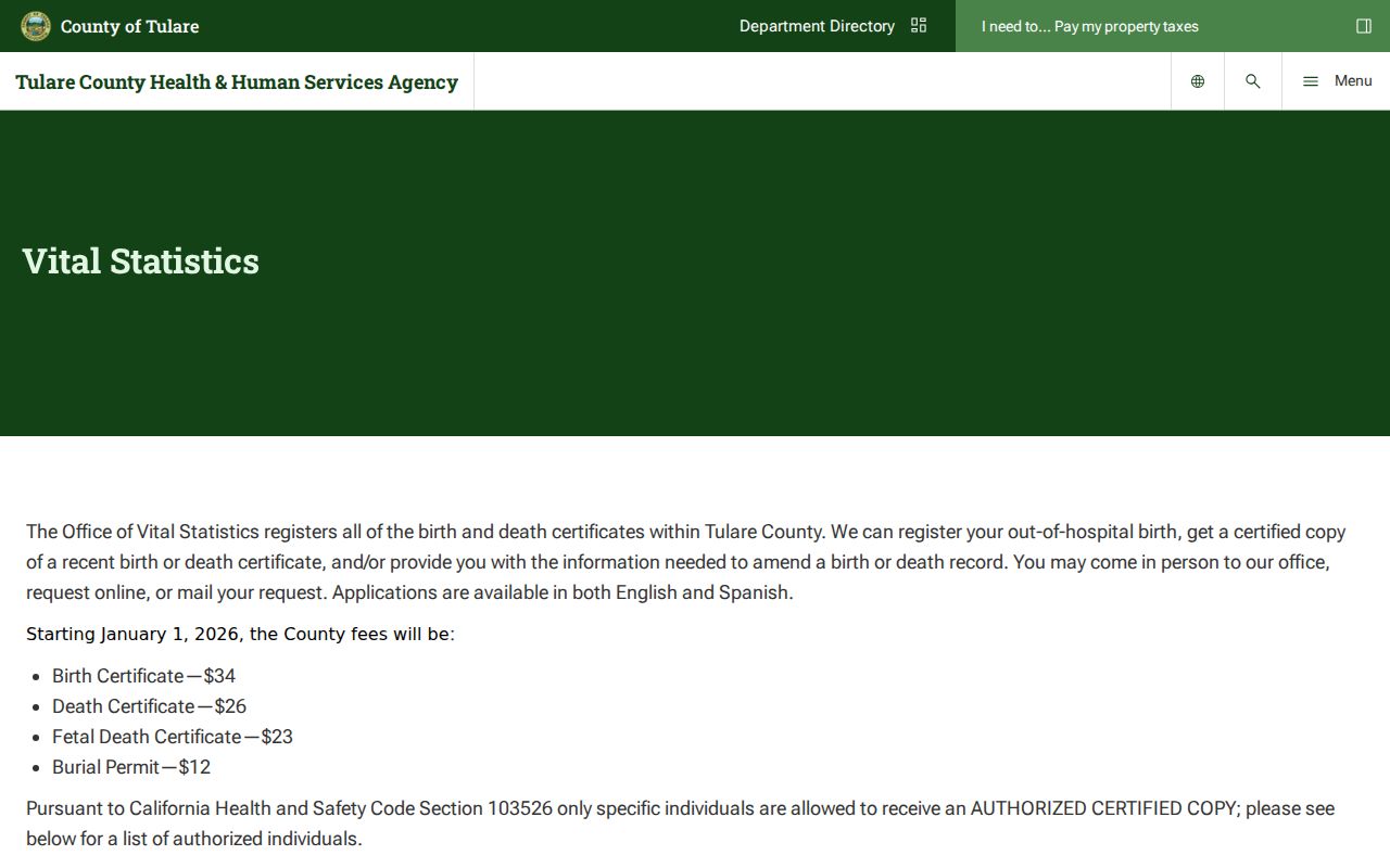 Tulare public records vital statistics fees and certificate access rules